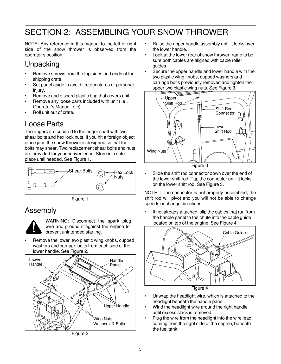 White Outdoor 31AH7Q3G190 manual Assembling Your Snow Thrower, Unpacking, Loose Parts, Assembly, Shear Bolts Hex Lock Nuts 