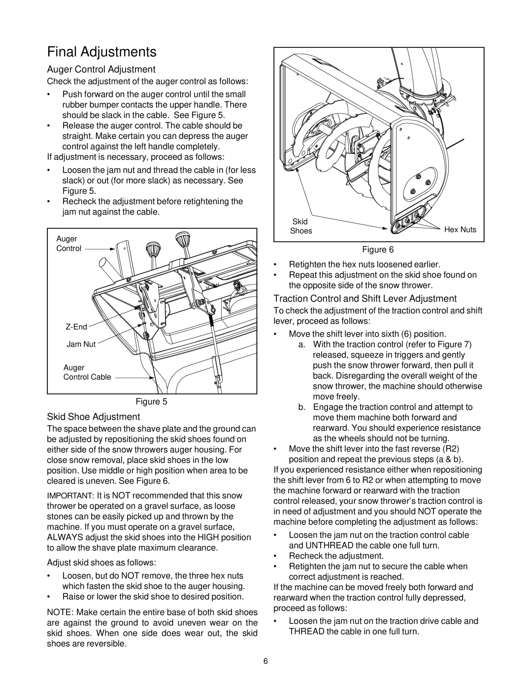 White Outdoor 31AH7Q3G190 manual Final Adjustments, Auger Control Adjustment, Skid Shoe Adjustment 