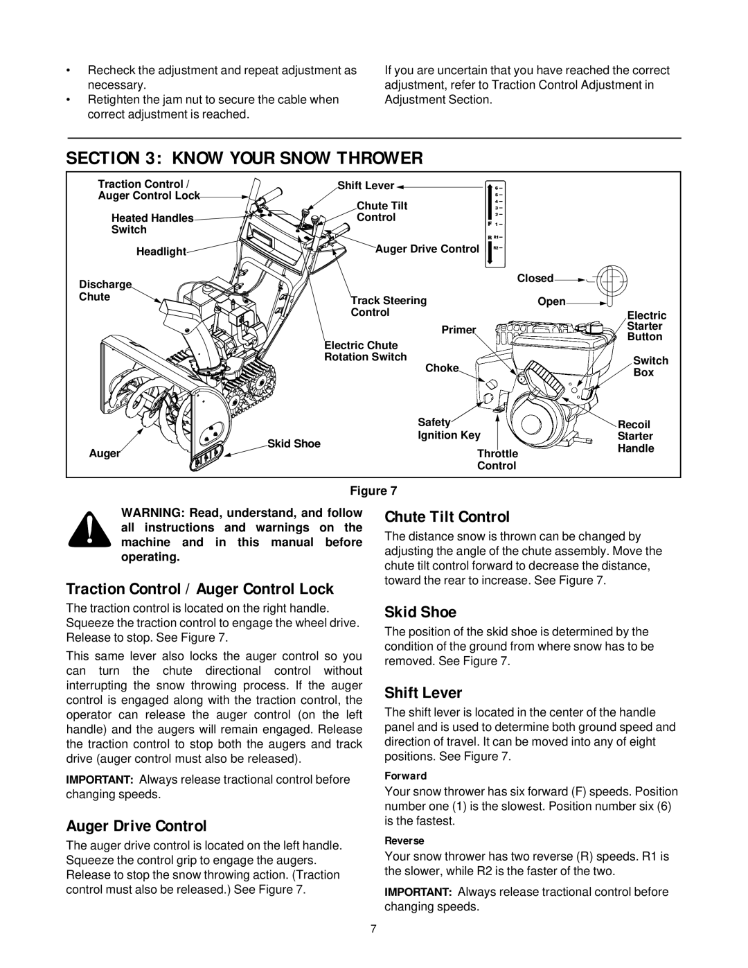 White Outdoor 31AH7Q3G190 manual Know Your Snow Thrower, Chute Tilt Control, Auger Drive Control, Skid Shoe, Shift Lever 