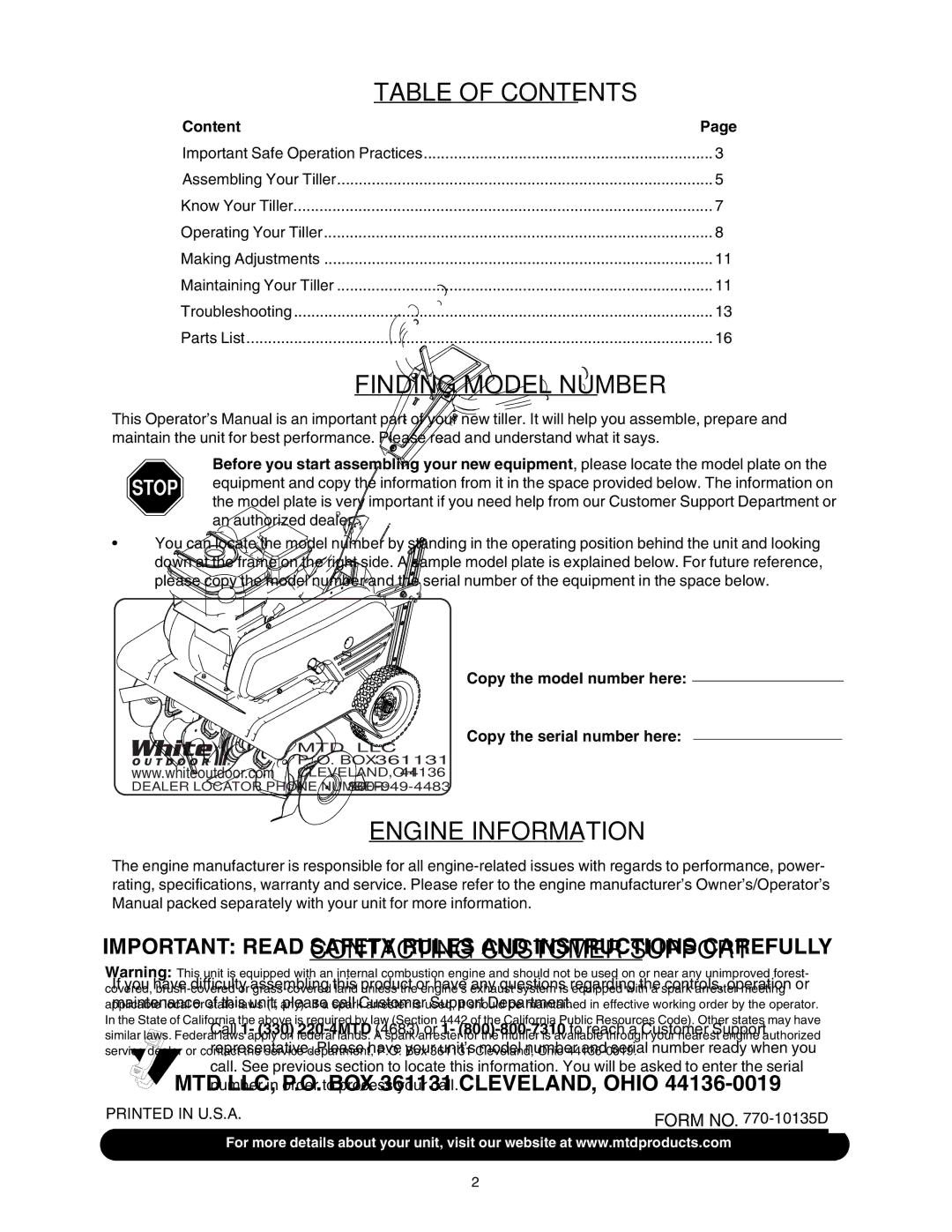 White Outdoor 393 manual Table of Contents 