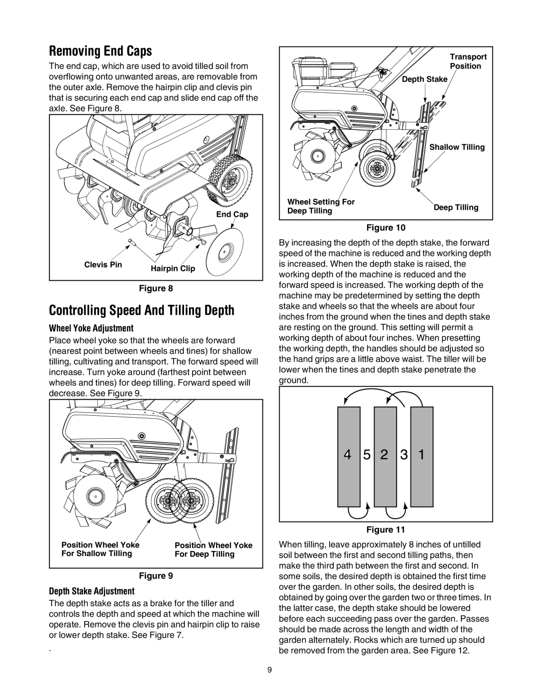 White Outdoor 393 manual Removing End Caps, Wheel Yoke Adjustment, Depth Stake Adjustment 