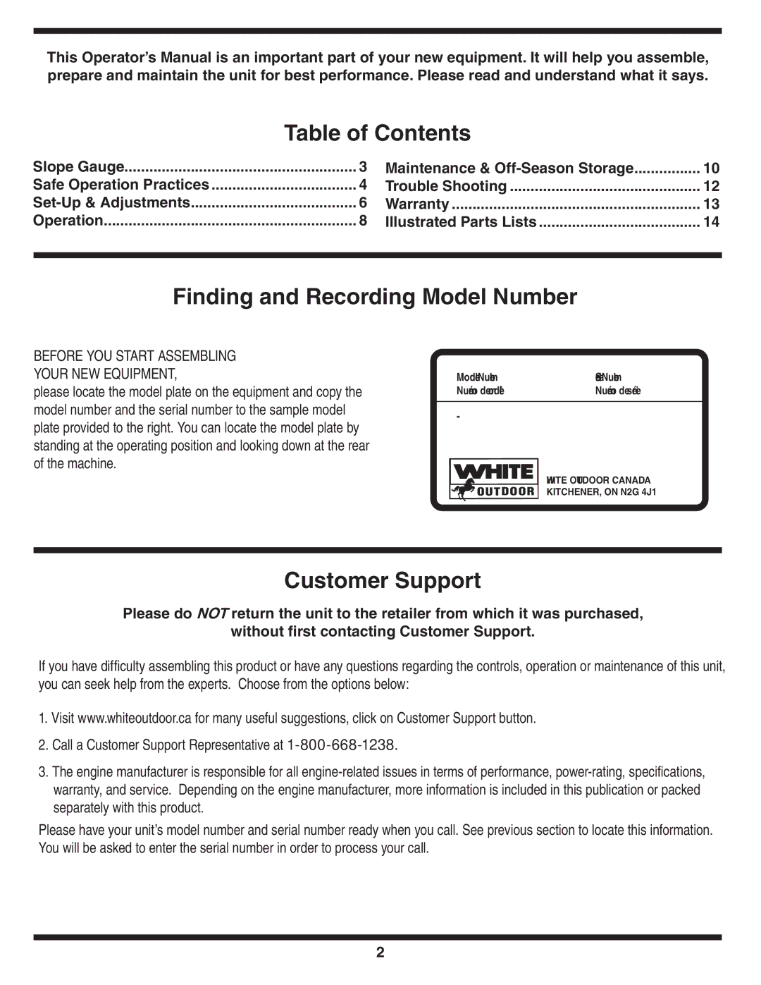 White Outdoor 400 warranty Table of Contents, Finding and Recording Model Number, Customer Support 