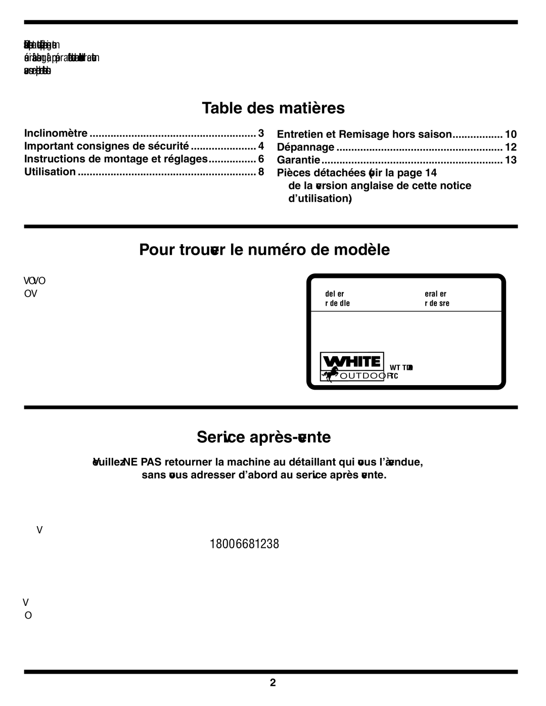 White Outdoor 400 warranty Vente-après Service, Modèle de numéro le trouver Pour, Matières des Table, 1238-668-800-1 