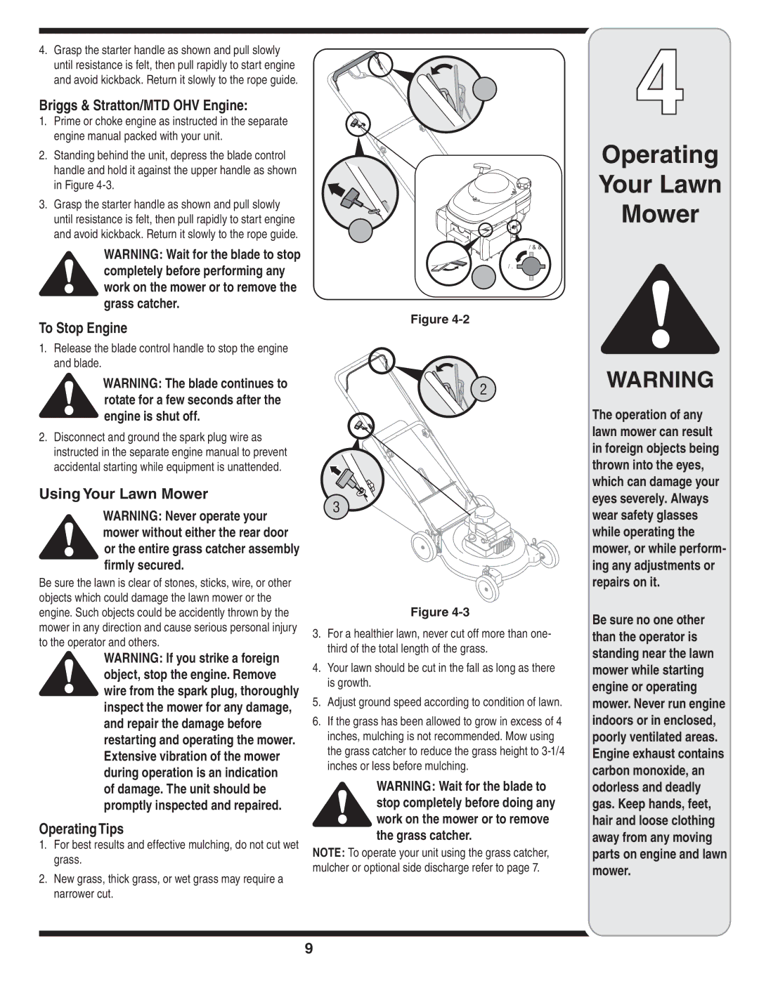 White Outdoor 400 warranty Briggs & Stratton/MTD OHV Engine, To Stop Engine, Using Your Lawn Mower, Operating Tips 