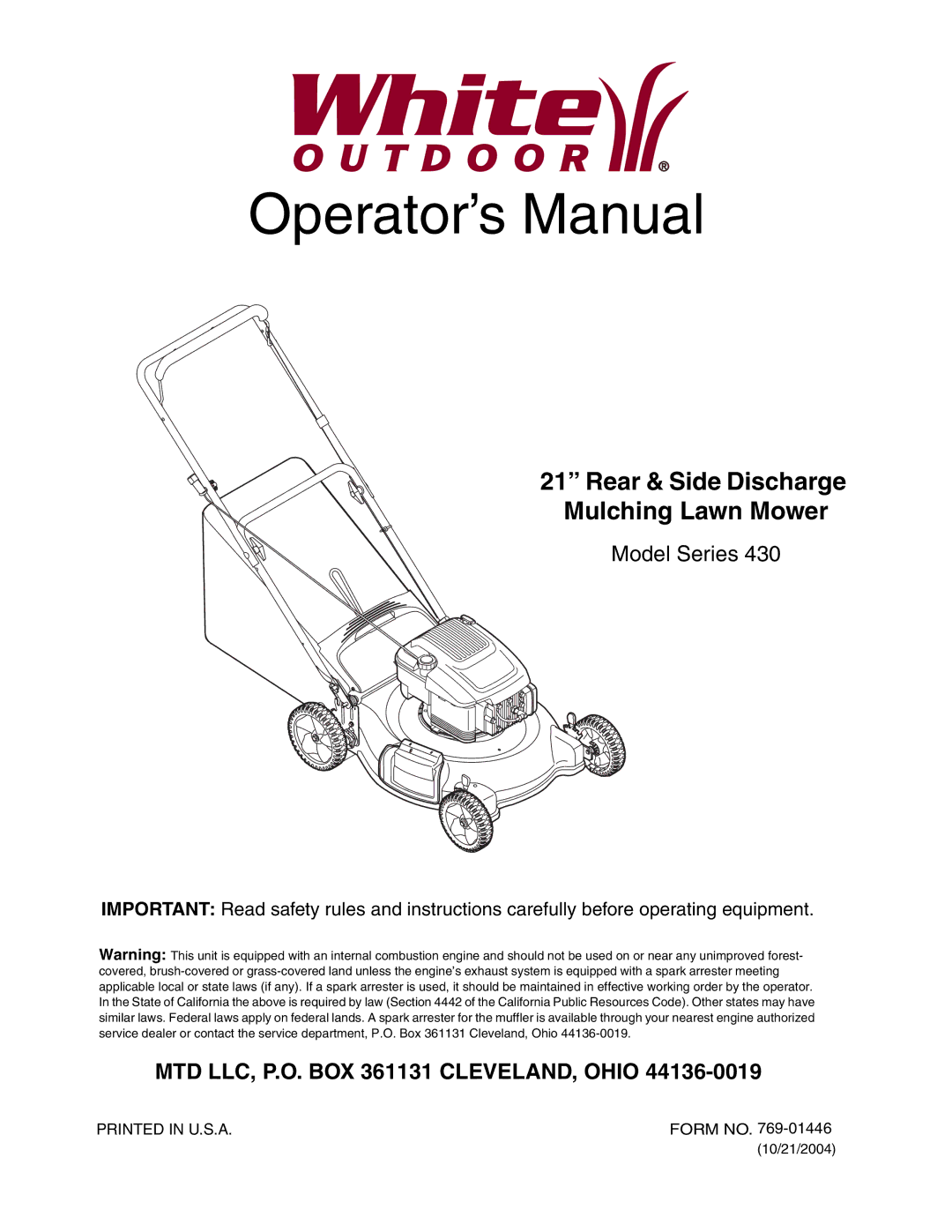 White Outdoor 430 manual Operator’s Manual 