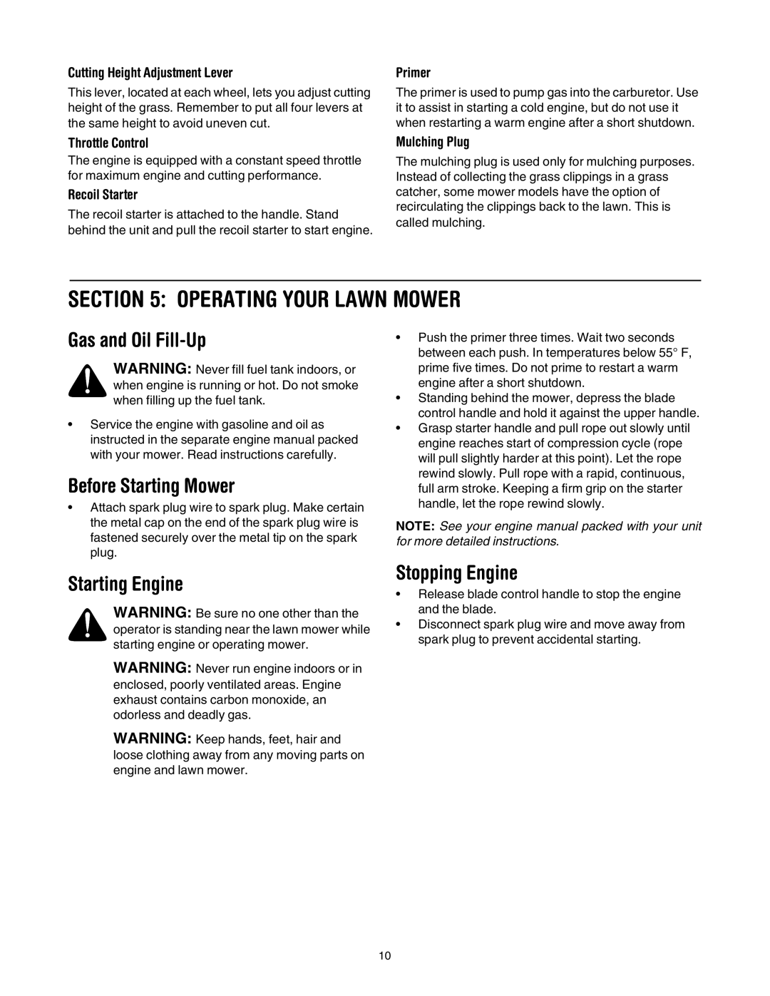 White Outdoor 430 Operating Your Lawn Mower, Gas and Oil Fill-Up, Before Starting Mower, Starting Engine Stopping Engine 