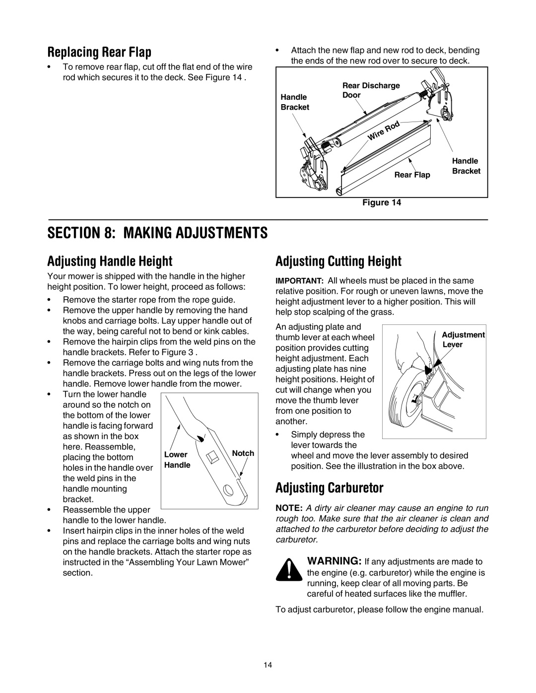 White Outdoor 430 manual Making Adjustments, Replacing Rear Flap, Adjusting Handle Height, Adjusting Carburetor 