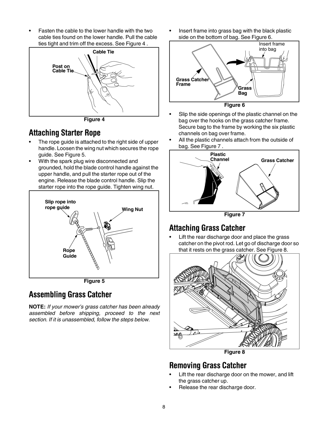 White Outdoor 430 manual Attaching Starter Rope, Assembling Grass Catcher, Attaching Grass Catcher, Removing Grass Catcher 