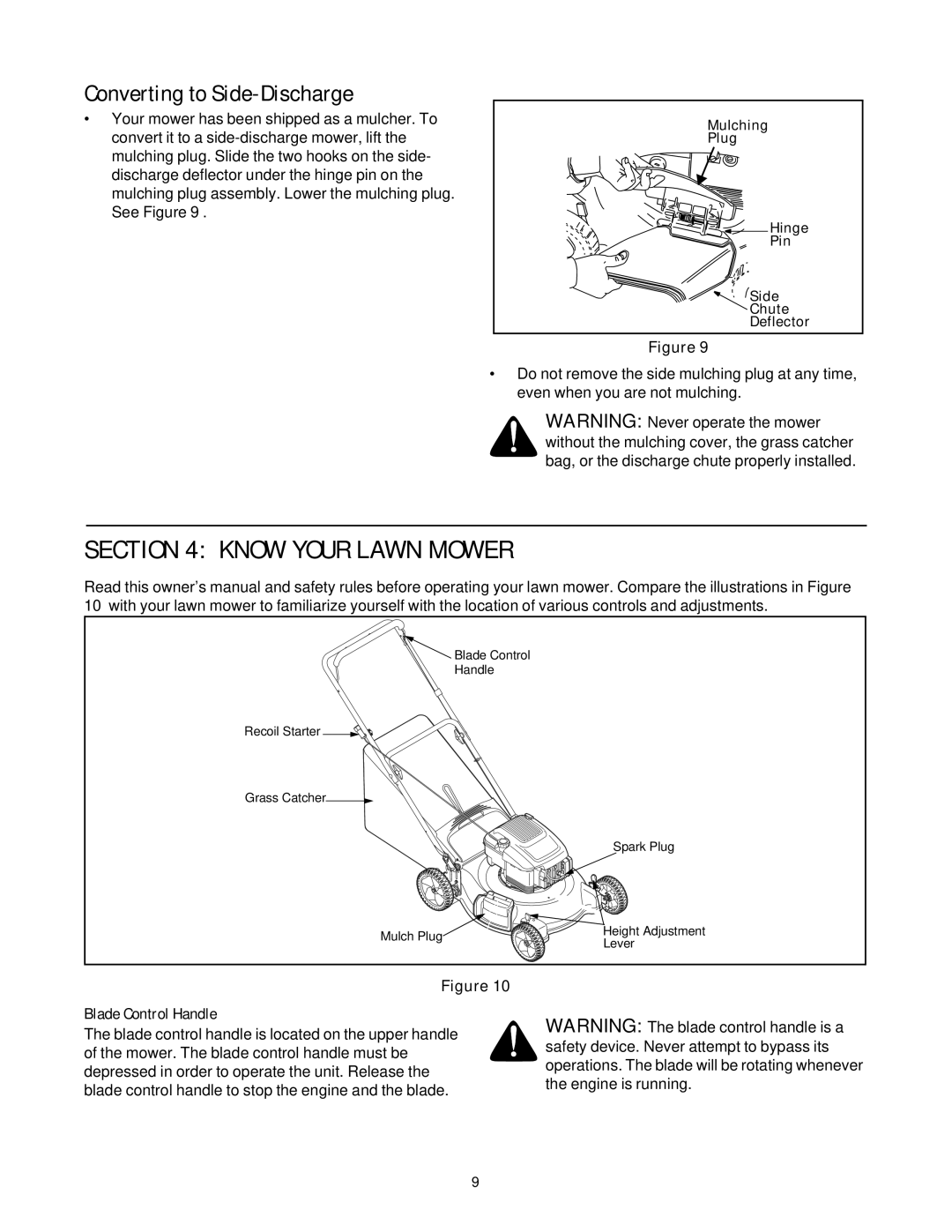 White Outdoor 430 manual Know Your Lawn Mower, Converting to Side-Discharge, Blade Control Handle 