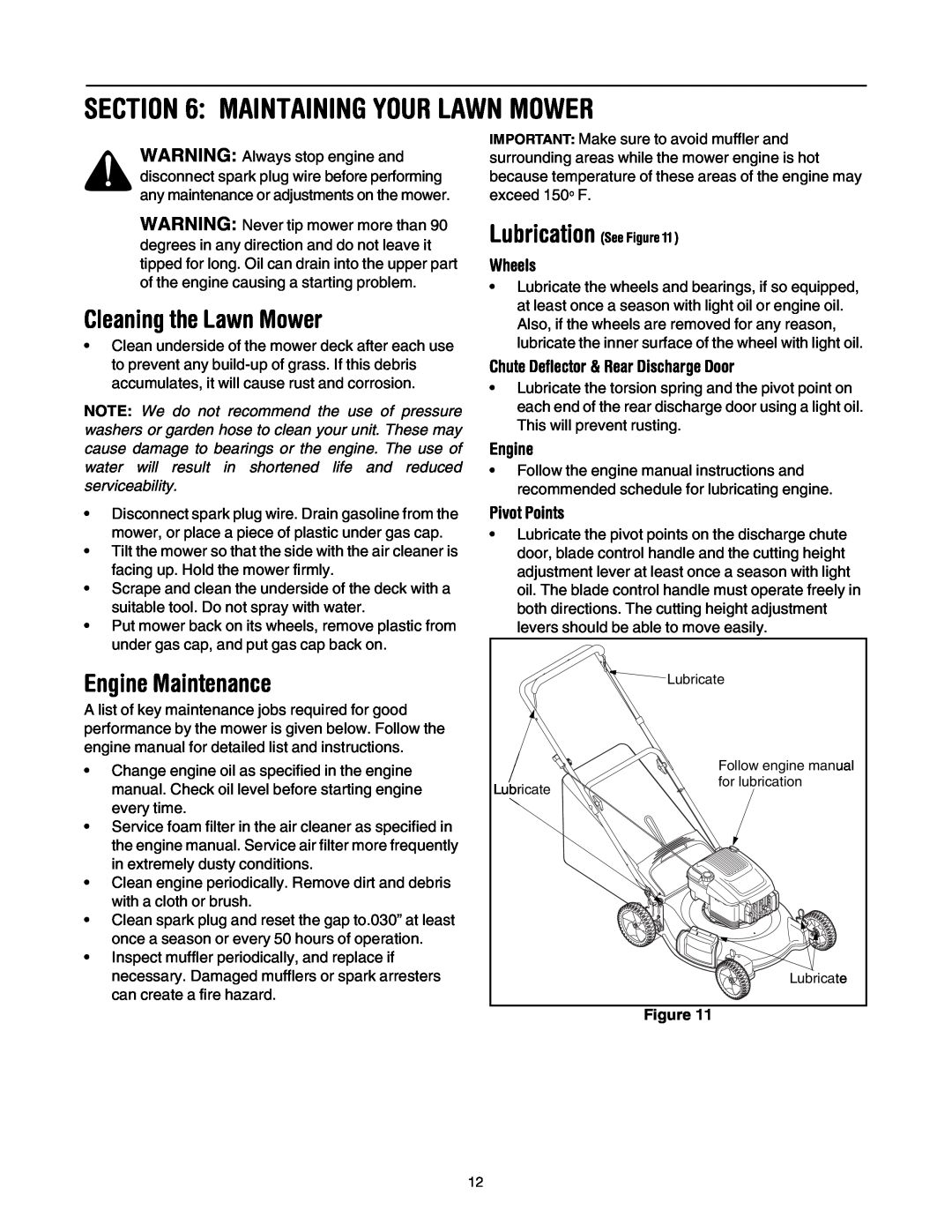 White Outdoor 430 manual Maintaining Your Lawn Mower, Cleaning the Lawn Mower, Engine Maintenance, Wheels, Pivot Points 