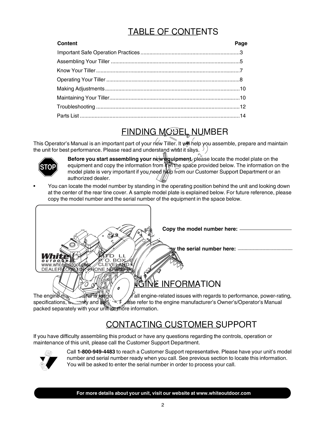 White Outdoor 454 manual Table of Contents 