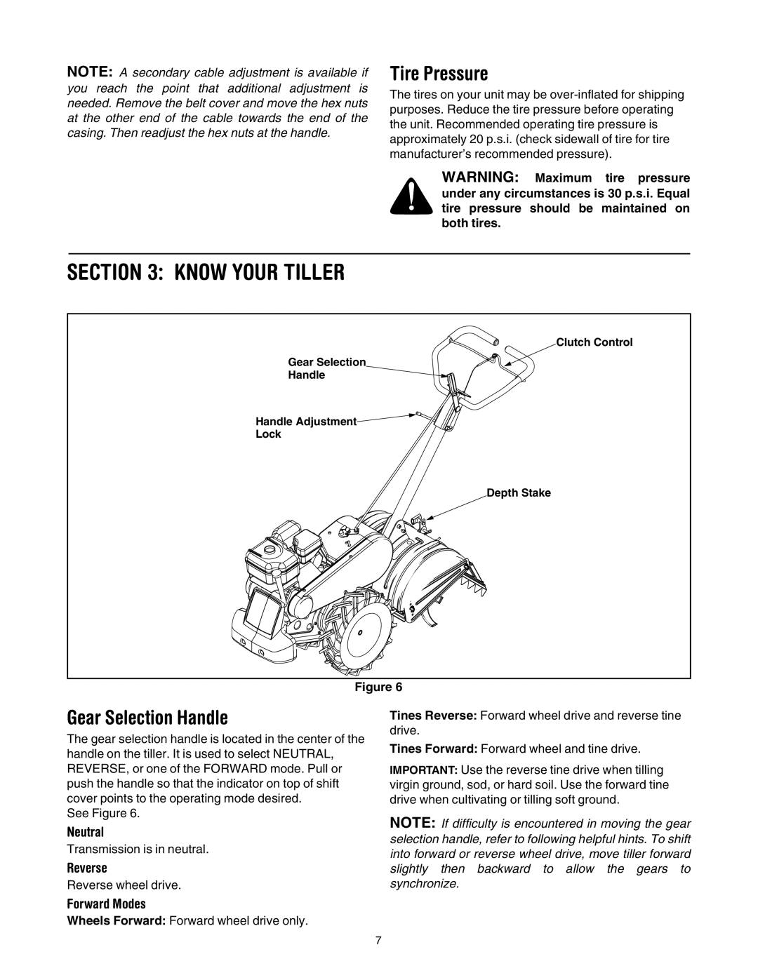 White Outdoor 454 manual Know Your Tiller, Tire Pressure, Gear Selection Handle 