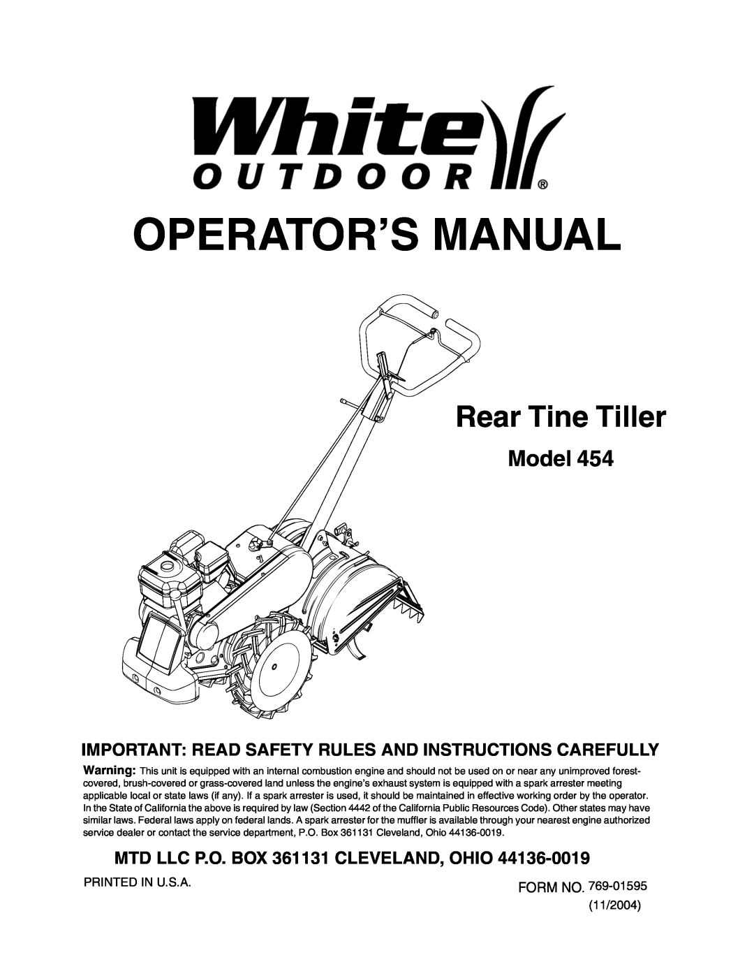 White Outdoor 454 manual Operator’S Manual, Rear Tine Tiller, Model, MTD LLC P.O. BOX 361131 CLEVELAND, OHIO 