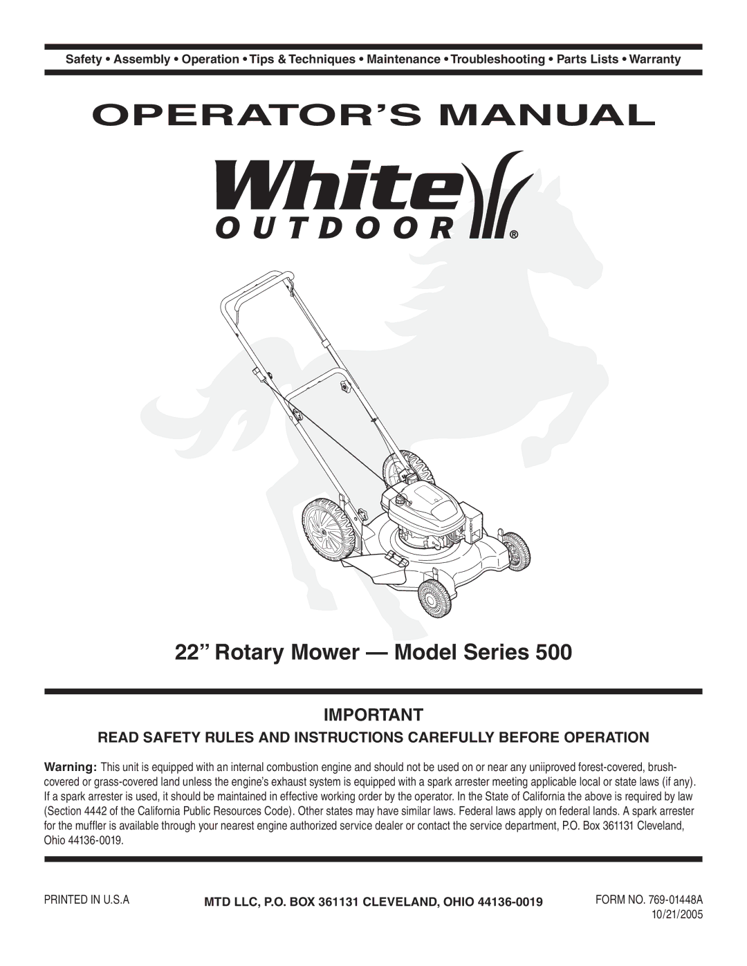 White Outdoor 500 warranty OPERATOR’S Manual, Rotary Mower Model Series 