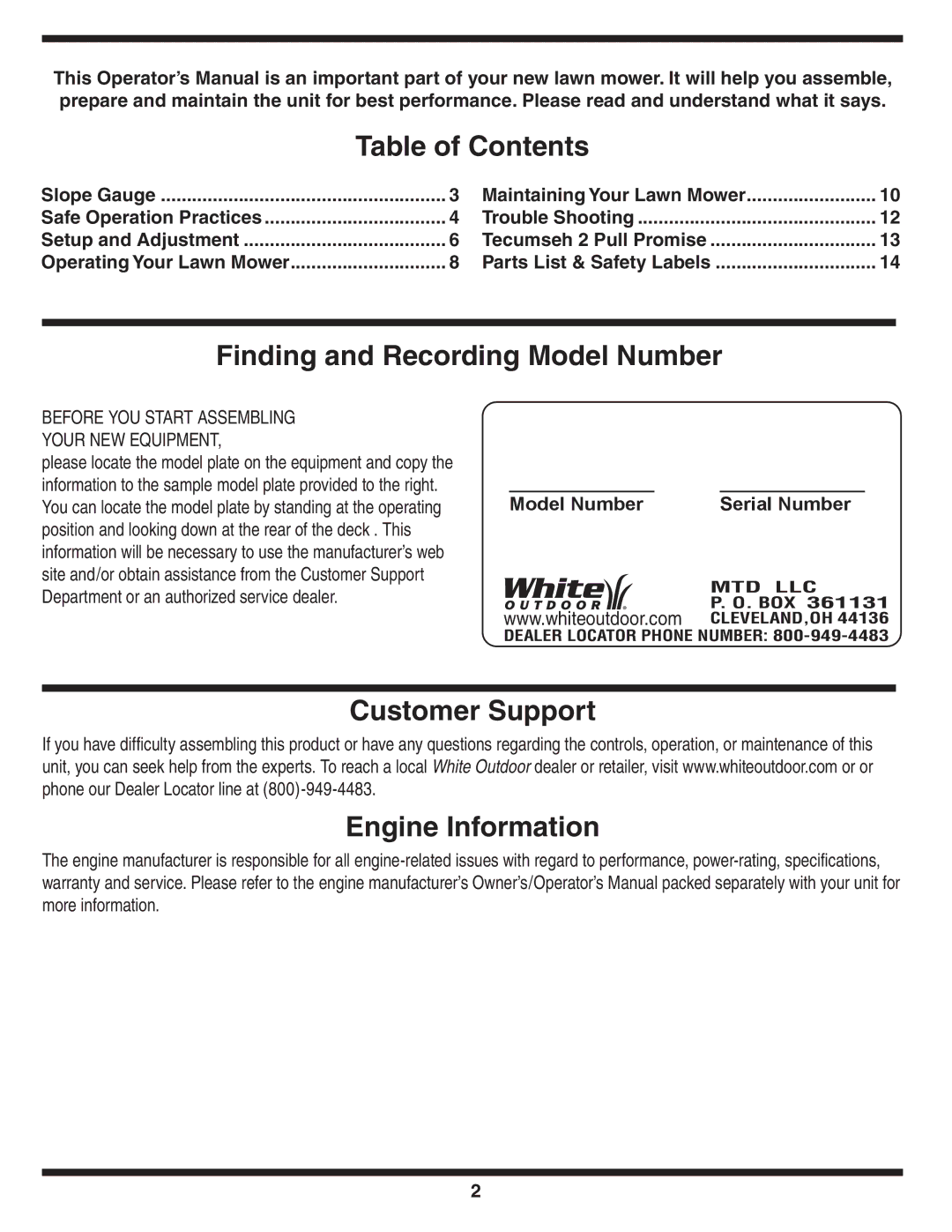 White Outdoor 500 warranty Table of Contents, Finding and Recording Model Number, Customer Support Engine Information 