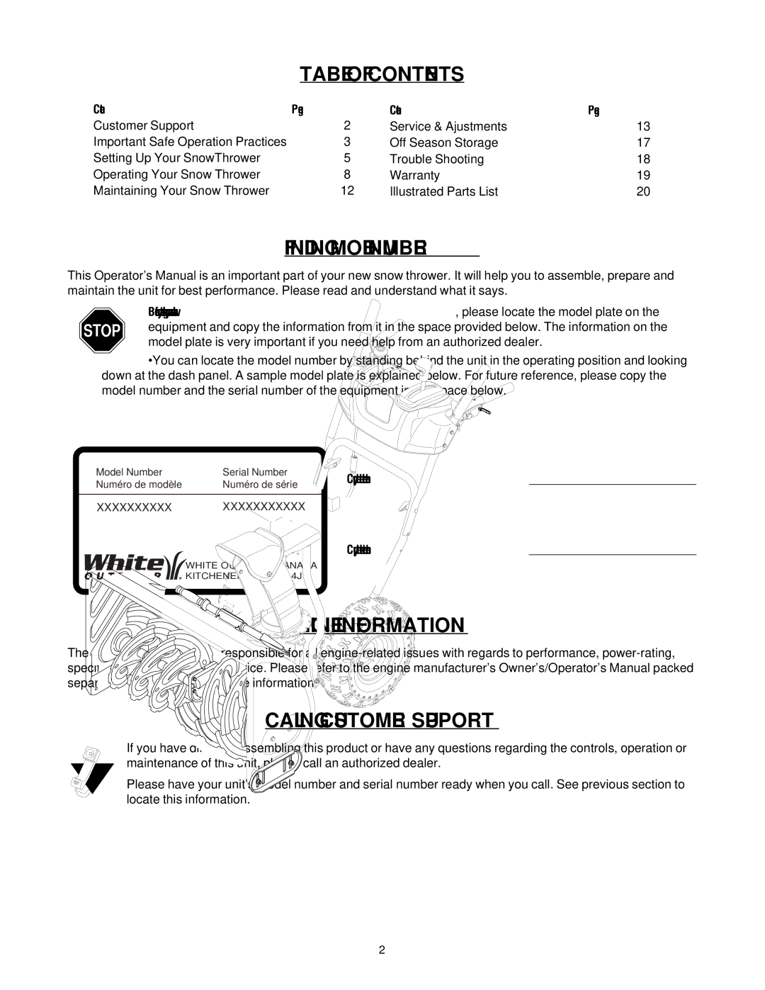 White Outdoor 500 manual Table of Contents 