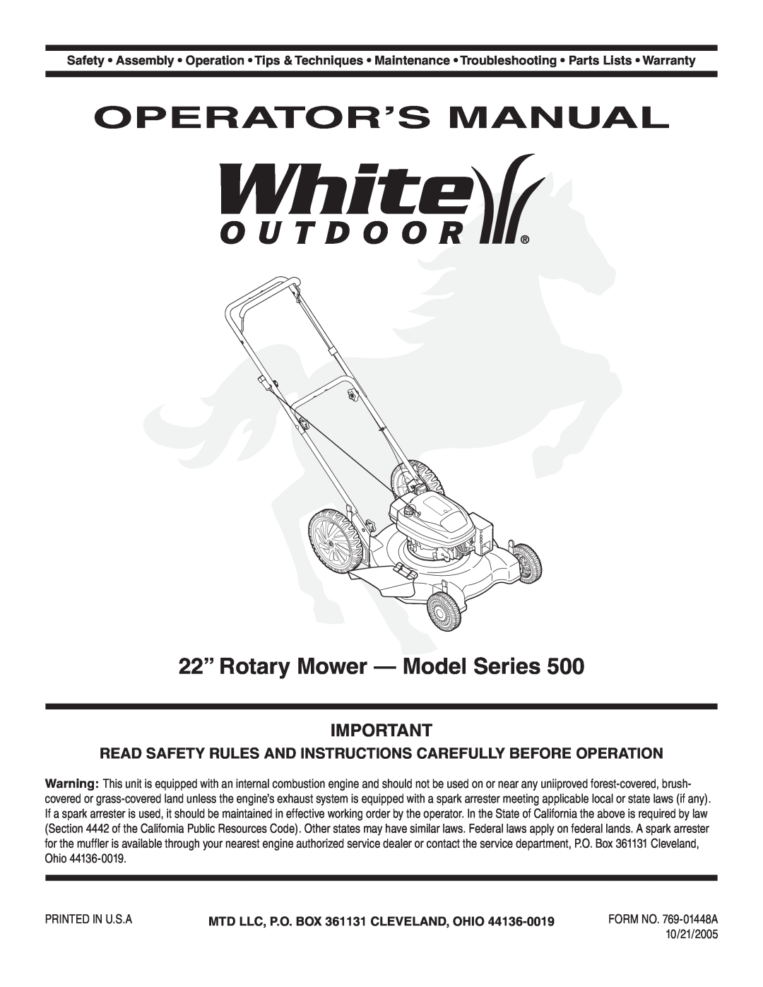 White Outdoor 500 warranty Operator’S Manual, 22” Rotary Mower - Model Series, MTD LLC, P.O. BOX 361131 CLEVELAND, OHIO 