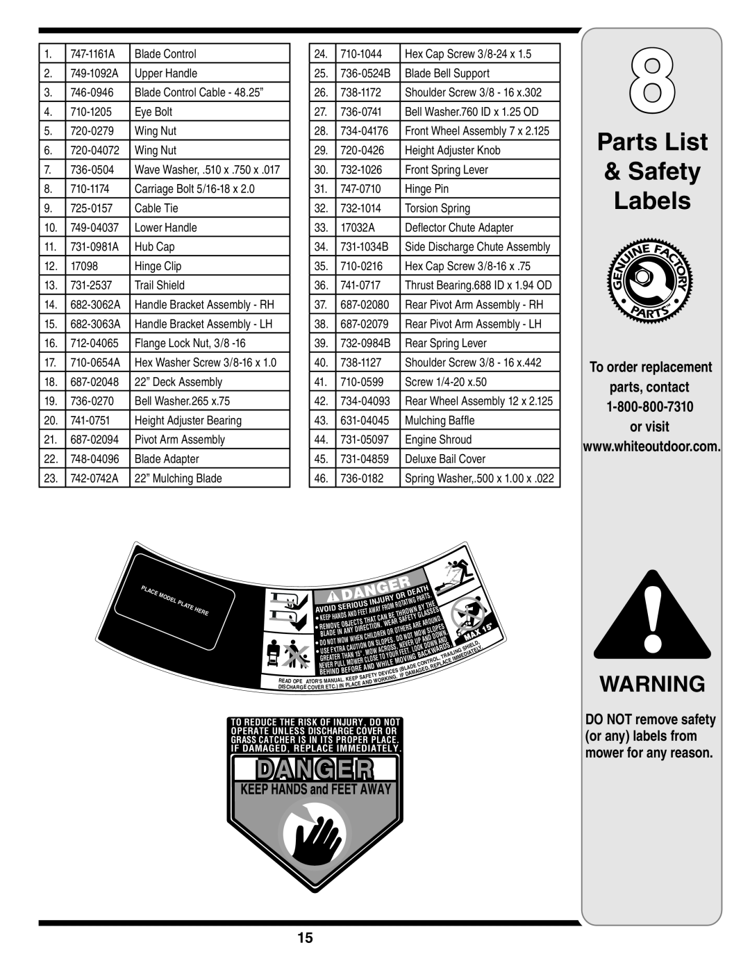 White Outdoor 500 warranty Parts List Safety Labels, DO NOT remove safety or any labels from mower for any reason 