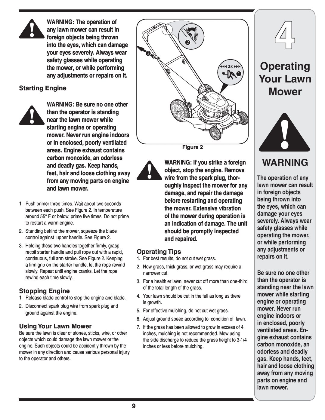 White Outdoor 500 Starting Engine, Stopping Engine, Using Your Lawn Mower, Operating Tips, Operating Your Lawn Mower 