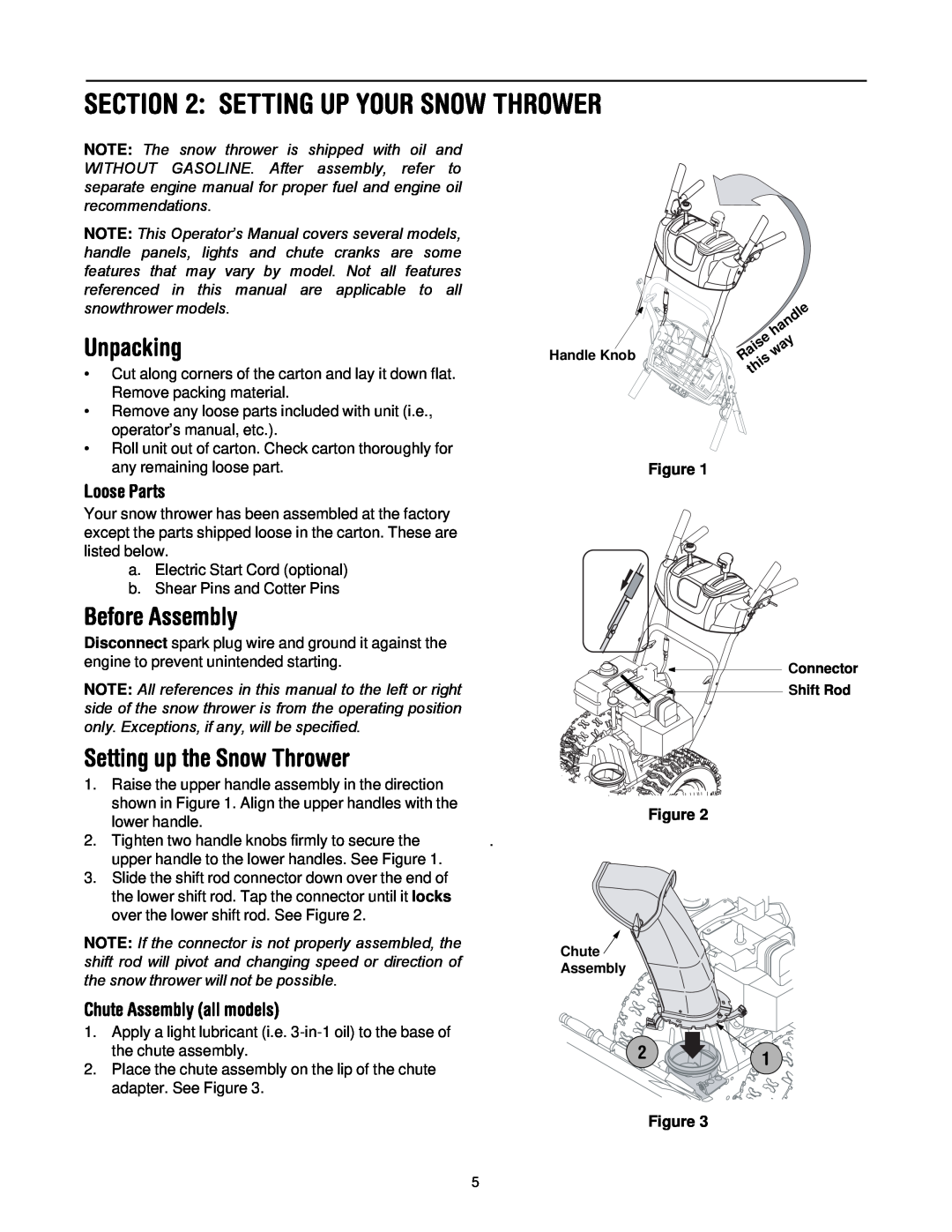 White Outdoor 500 manual Setting Up Your Snow Thrower, Unpacking, Before Assembly, Setting up the Snow Thrower, Loose Parts 