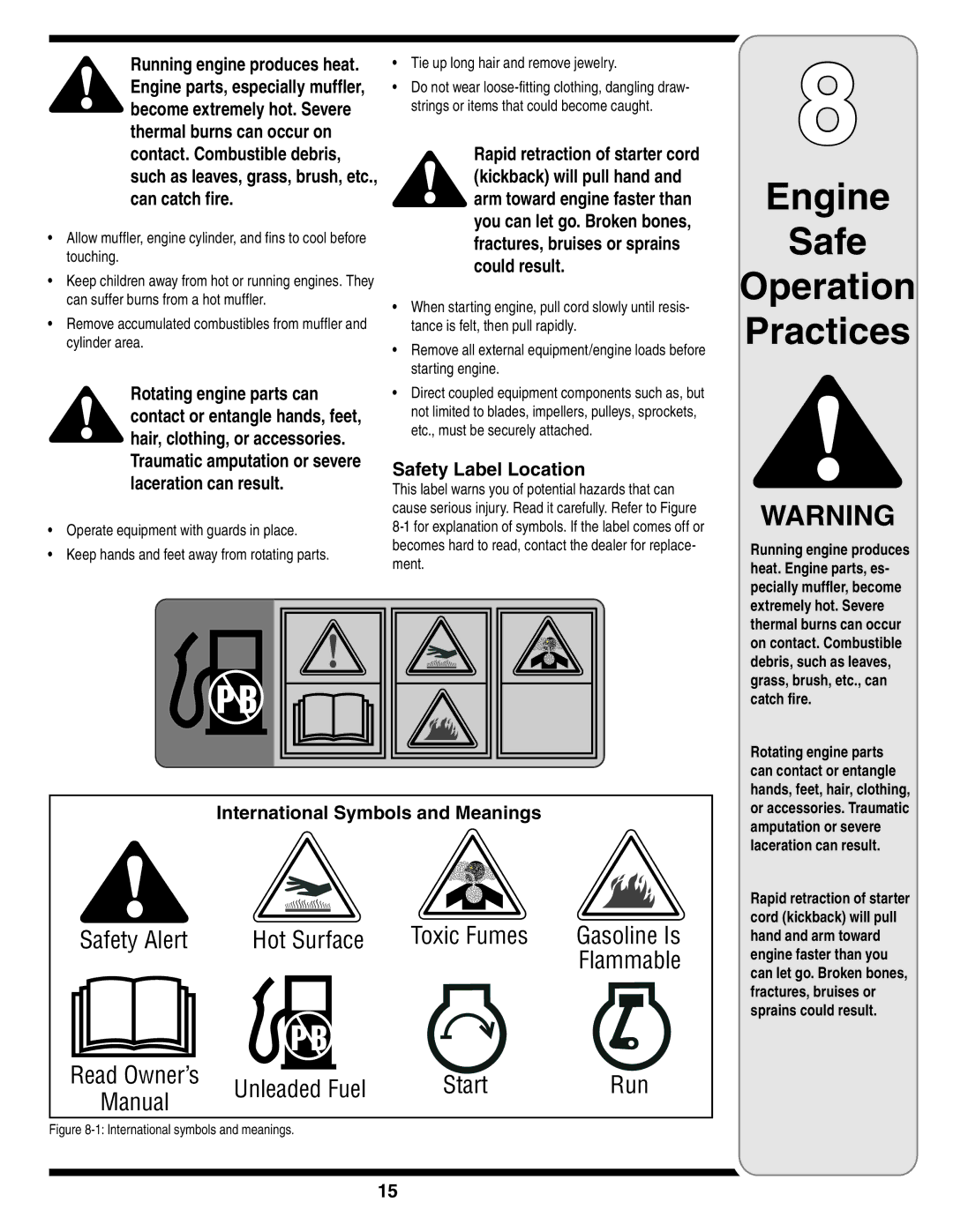 White Outdoor 54M manual Safety Label Location, International Symbols and Meanings, Grass, brush, etc., can catch fire 