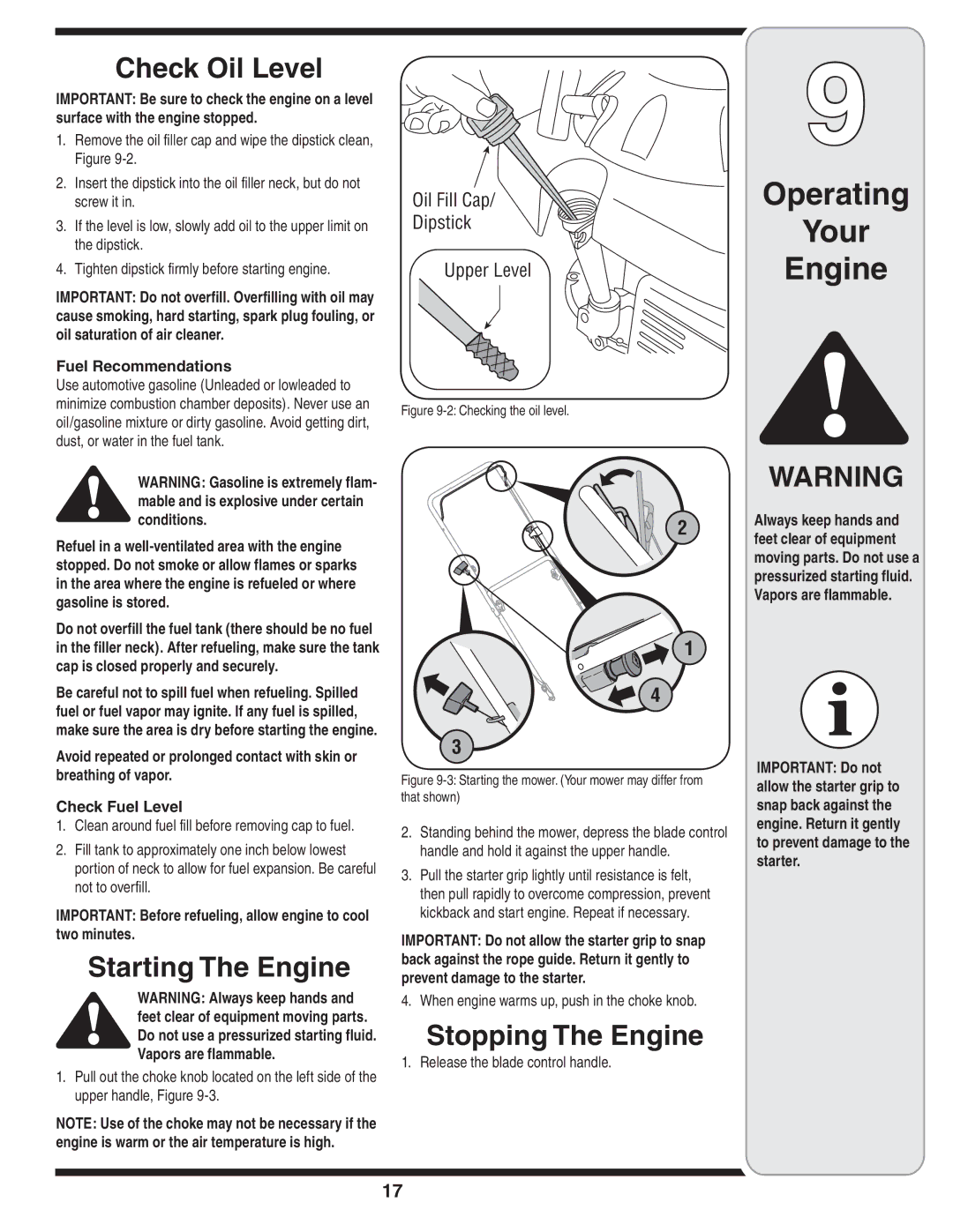 White Outdoor 54M manual Check Oil Level, Starting The Engine, Stopping The Engine, Fuel Recommendations 