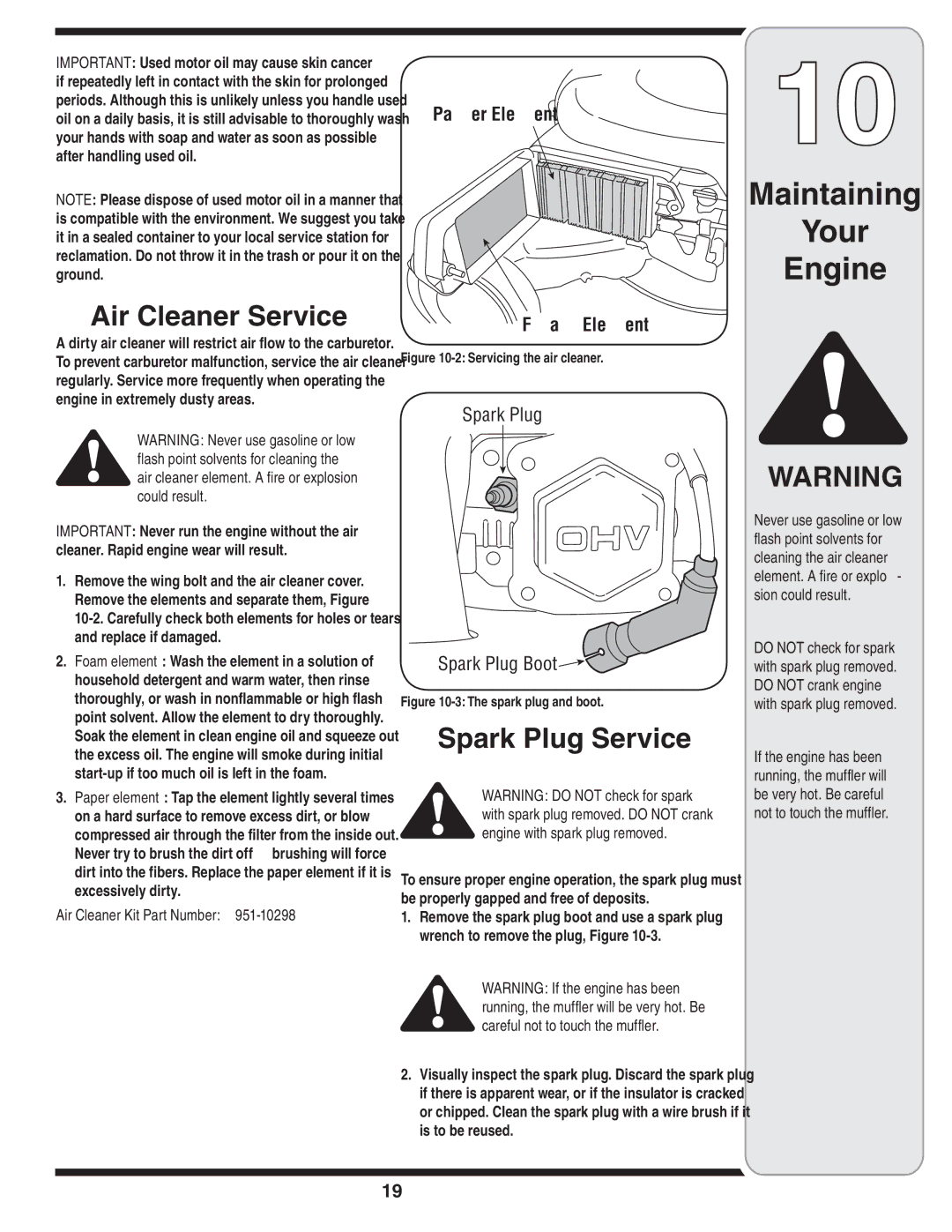 White Outdoor 54M manual Maintaining Your Engine, Air Cleaner Service, Spark Plug Service, Air Cleaner Kit Part Number 