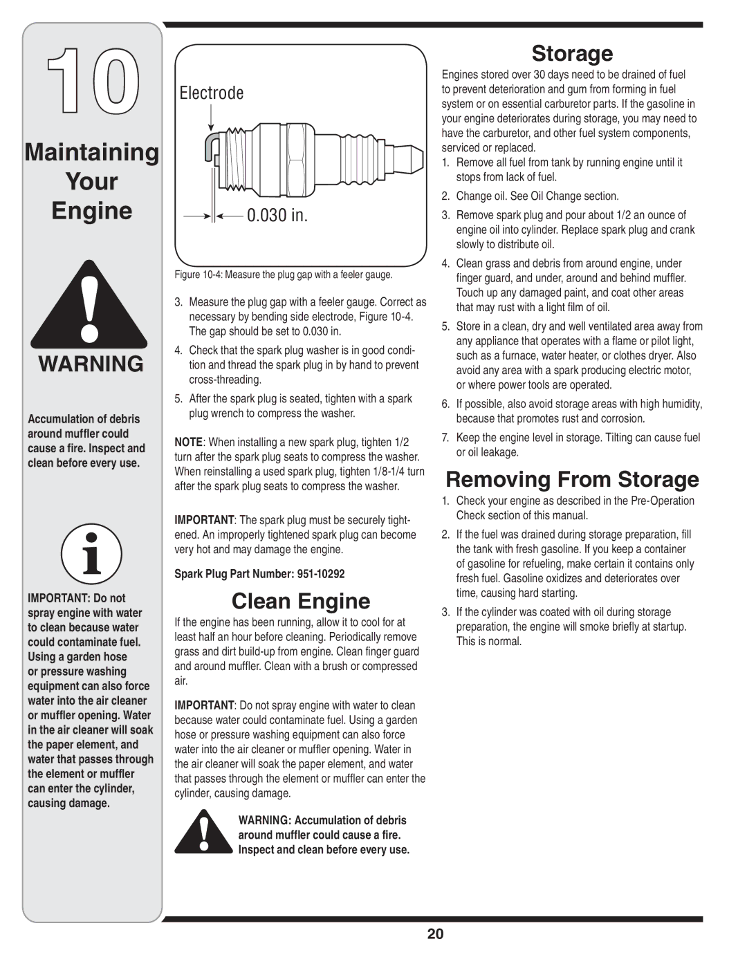 White Outdoor 54M manual Clean Engine, Removing From Storage, Spark Plug Part Number 