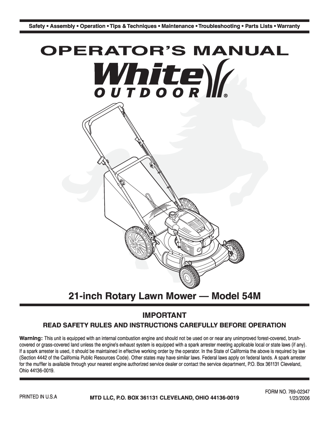White Outdoor manual Operator’S Manual, inch Rotary Lawn Mower - Model 54M, MTD LLC, P.O. BOX 361131 CLEVELAND, OHIO 
