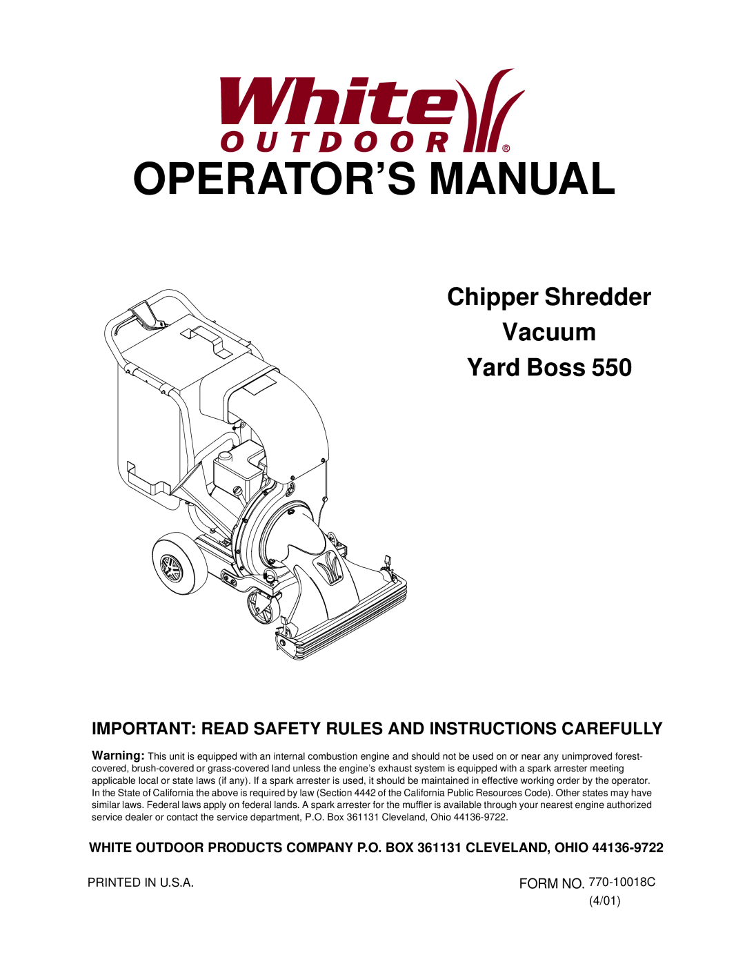 White Outdoor 550 manual OPERATOR’S Manual 