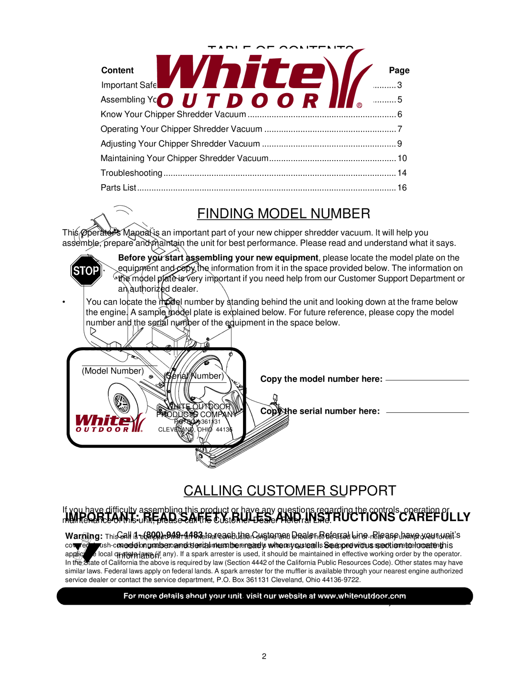 White Outdoor 550 manual Table of Contents 