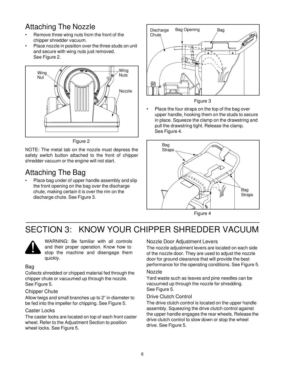 White Outdoor 550 manual Know Your Chipper Shredder Vacuum, Attaching The Nozzle, Attaching The Bag 