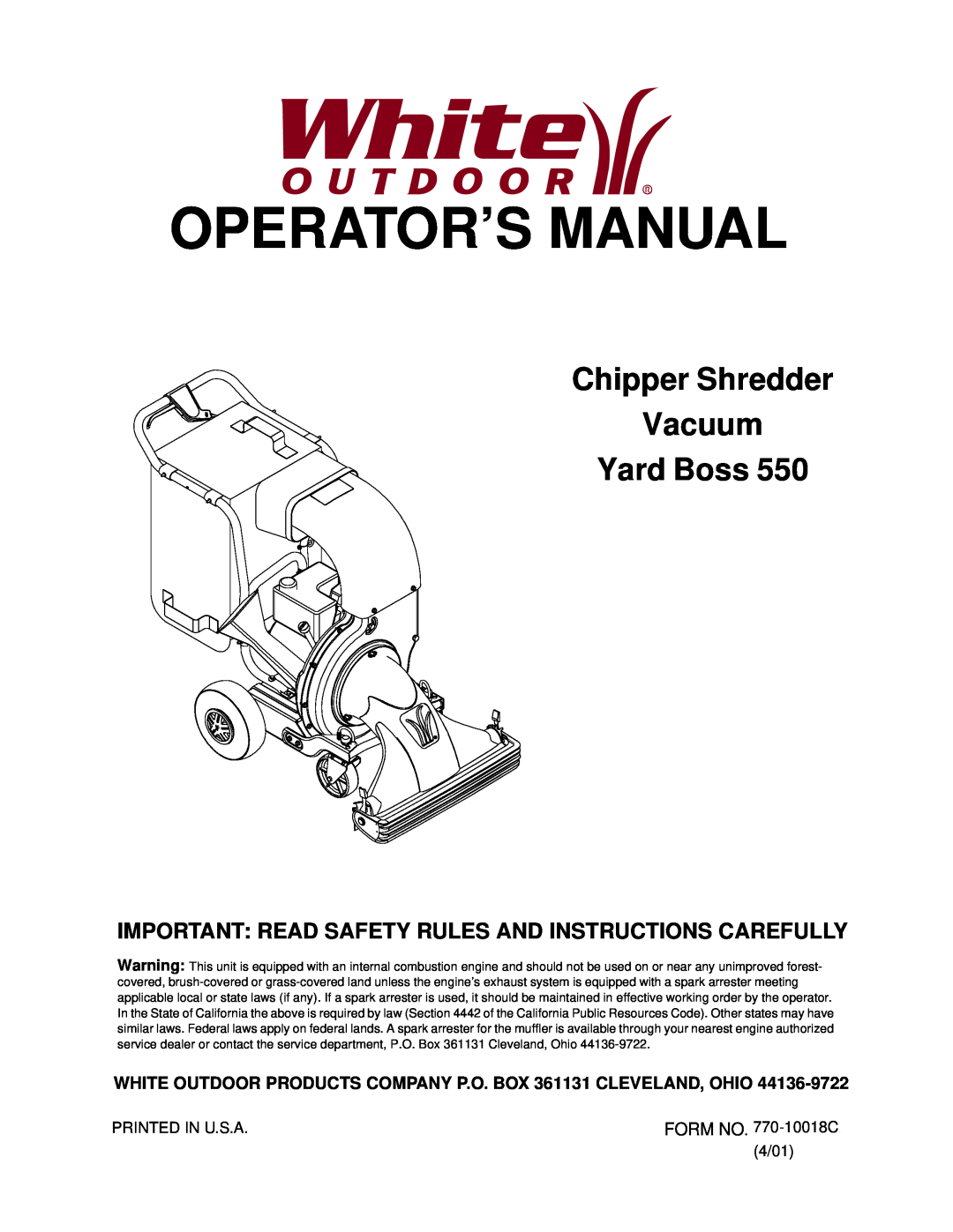 White Outdoor 550 manual Operator’S Manual, Chipper Shredder Vacuum Yard Boss 