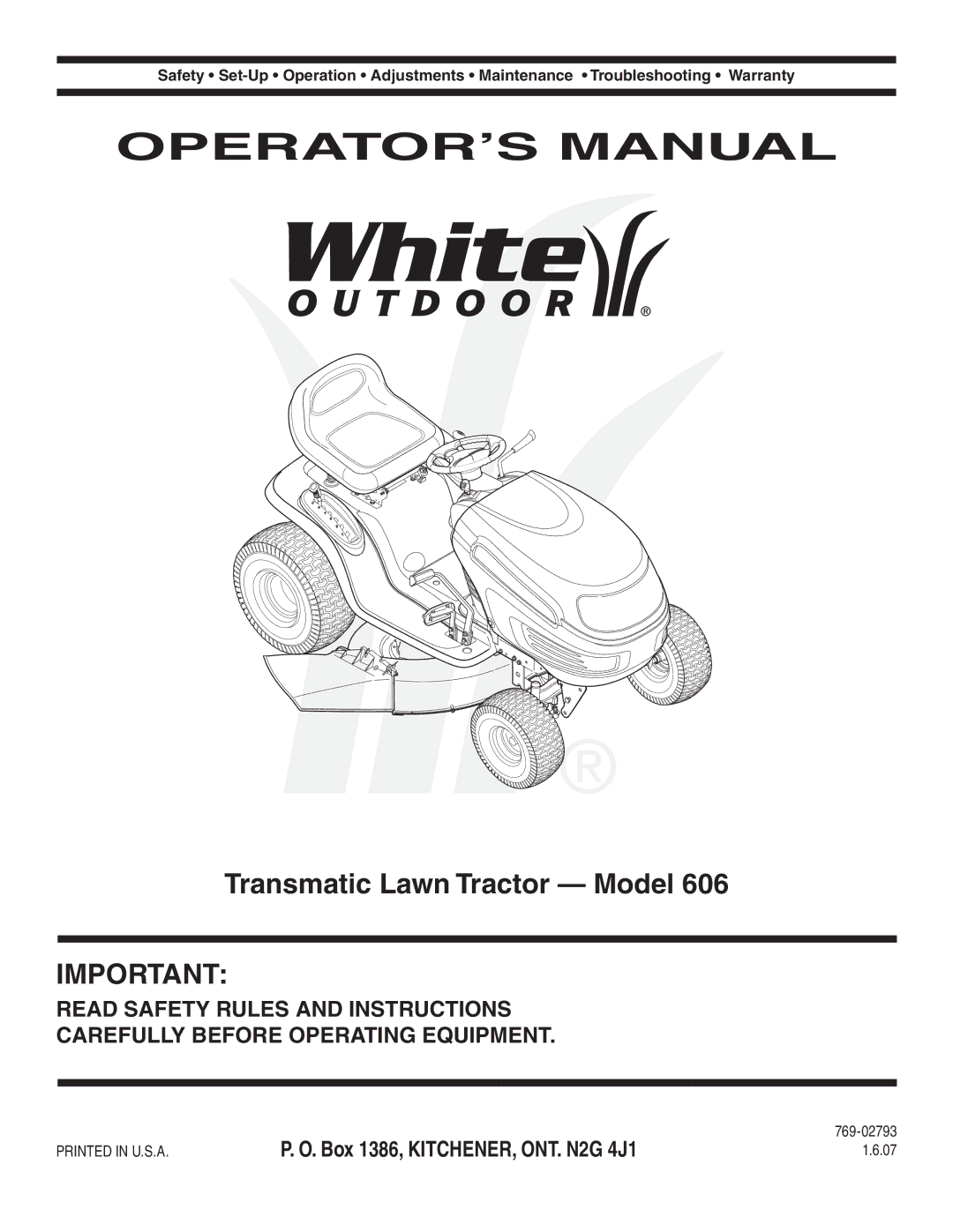 White Outdoor 606 manual OPERATOR’S Manual 