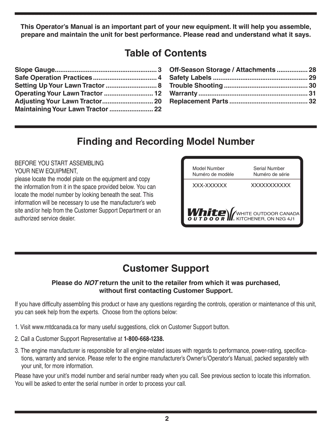 White Outdoor 606 manual Table of Contents 