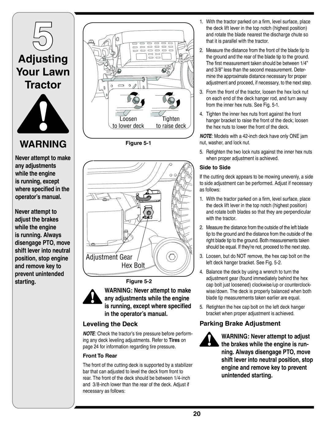 White Outdoor 606 Adjusting Your Lawn Tractor, Leveling the Deck, Parking Brake Adjustment, Front To Rear, Side to Side 