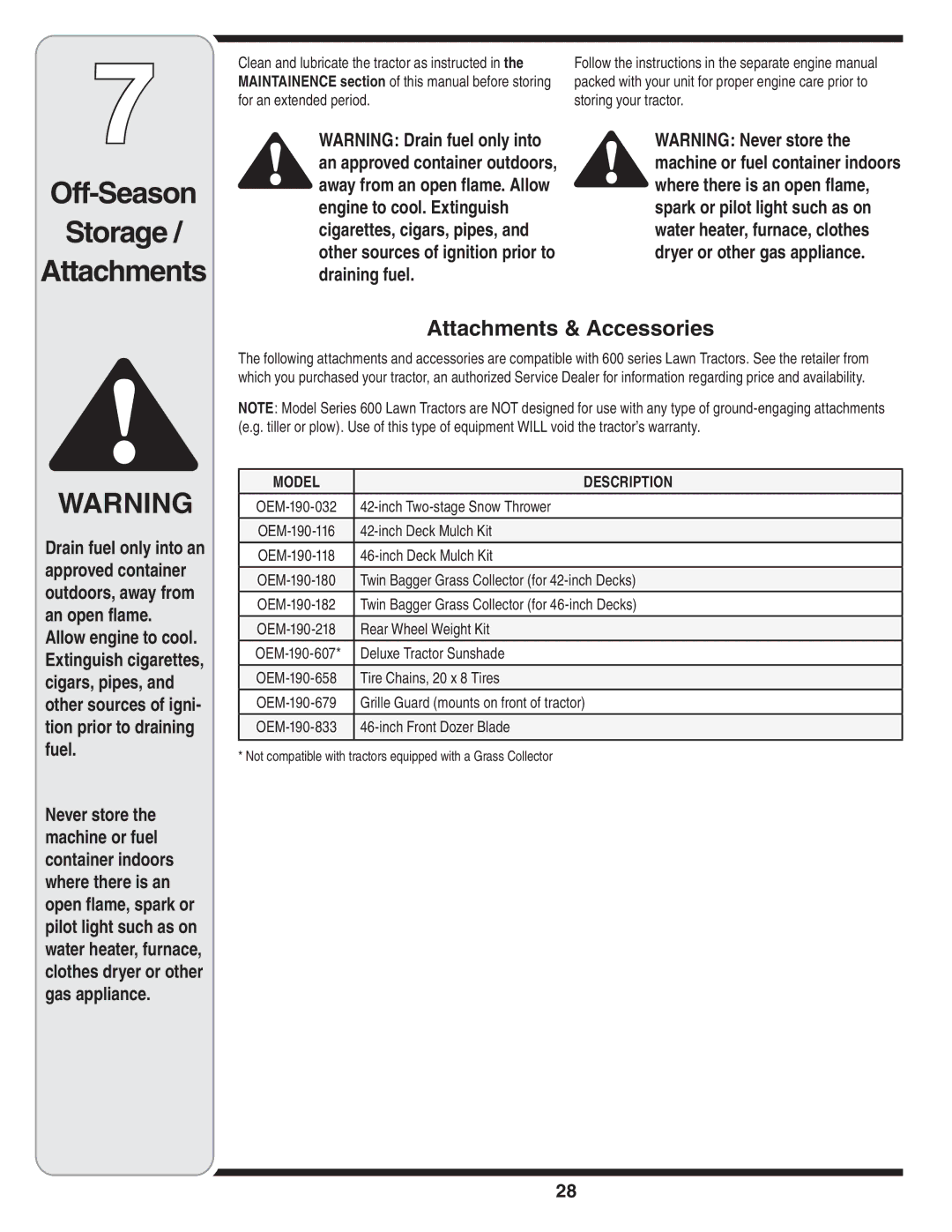 White Outdoor 606 manual For an extended period Storing your tractor, Inch Two-stage Snow Thrower, Inch Deck Mulch Kit 