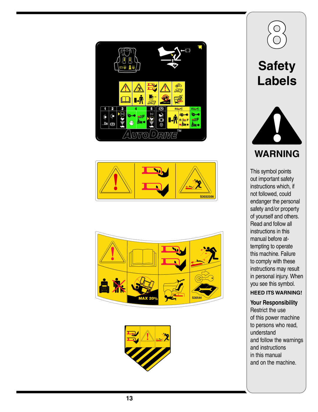 White Outdoor 606 Safety Labels, in this manual and on the machine, HEED ITS WARNING Your Responsibility Restrict the use 