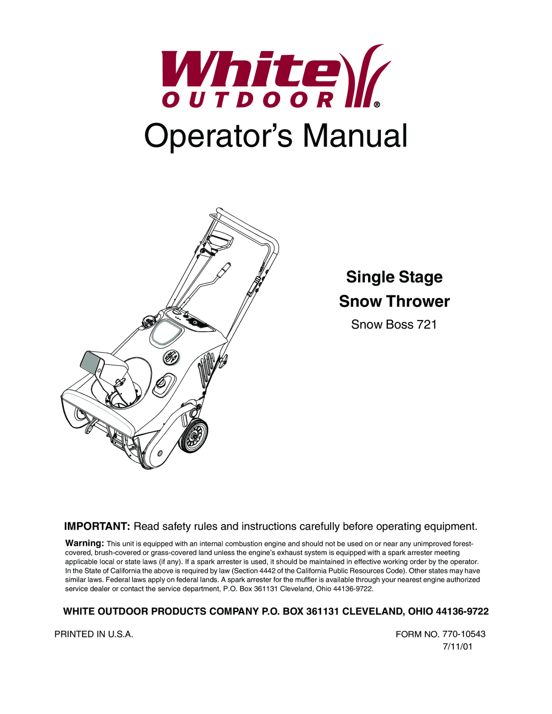 White Outdoor 721 manual Operator’s Manual 