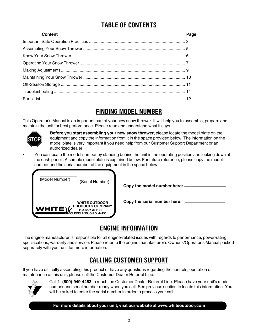 White Outdoor 721 manual Table of Contents 