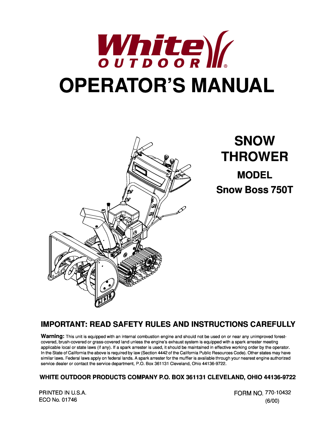 White Outdoor manual Operator’S Manual, Snow Thrower, MODEL Snow Boss 750T 