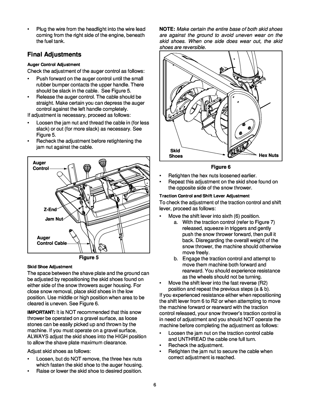White Outdoor 750T manual Final Adjustments, Auger Control Adjustment, Skid Shoe Adjustment 