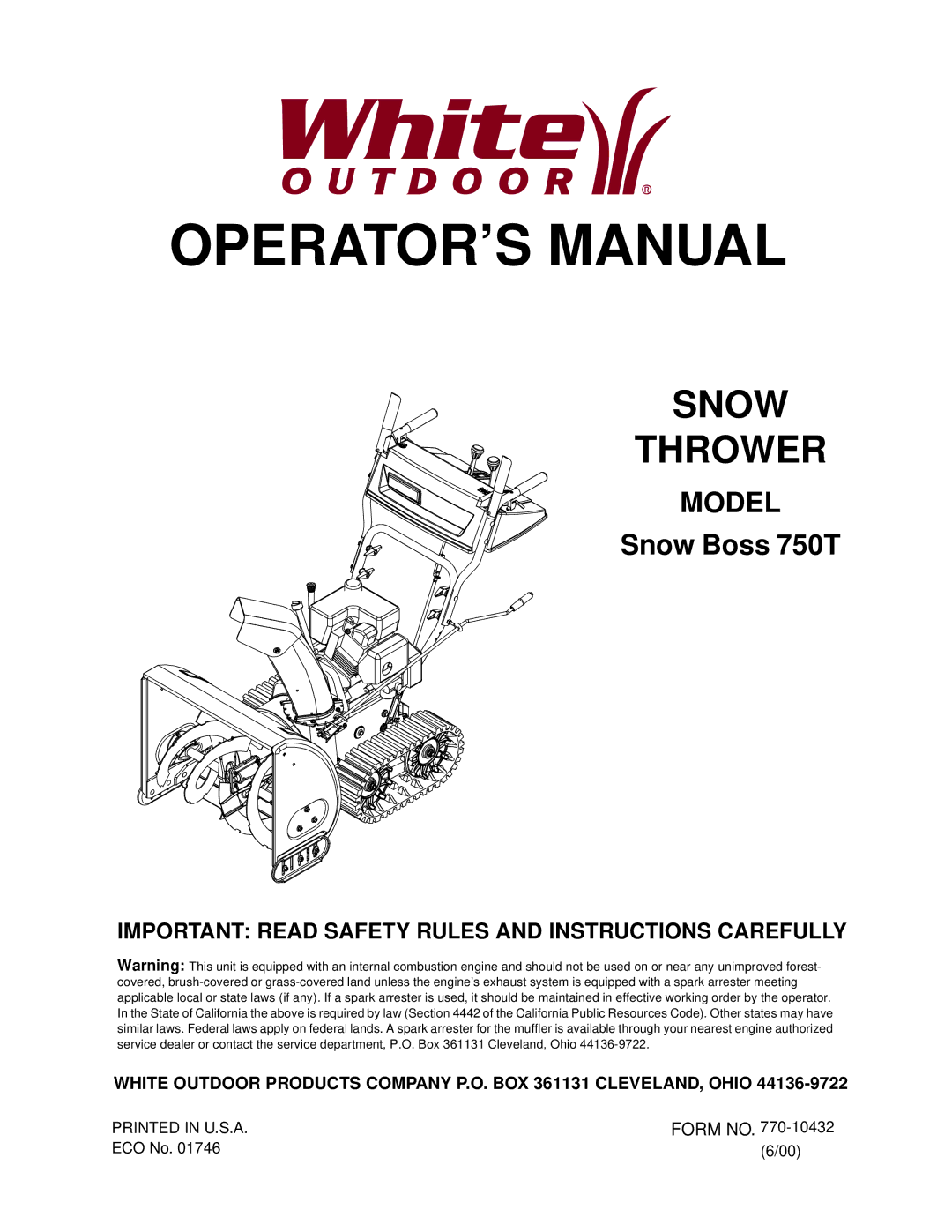 White Outdoor 750T manual OPERATOR’S Manual 