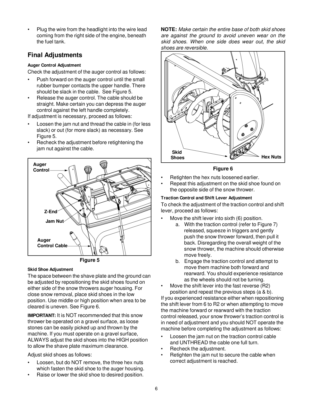 White Outdoor 750T manual Final Adjustments, Auger Control Adjustment, Skid Shoe Adjustment 