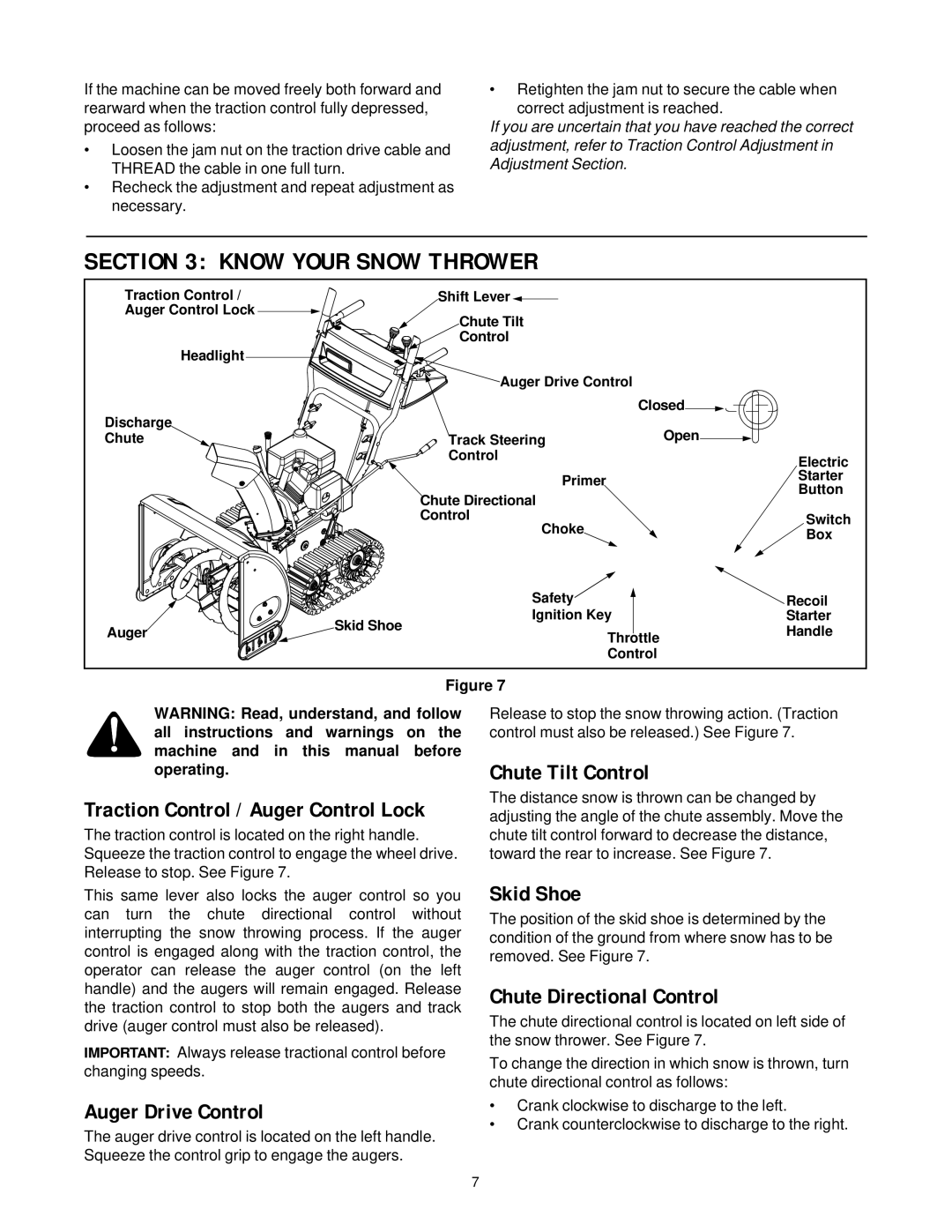 White Outdoor 750T Know Your Snow Thrower, Chute Tilt Control, Auger Drive Control, Skid Shoe, Chute Directional Control 