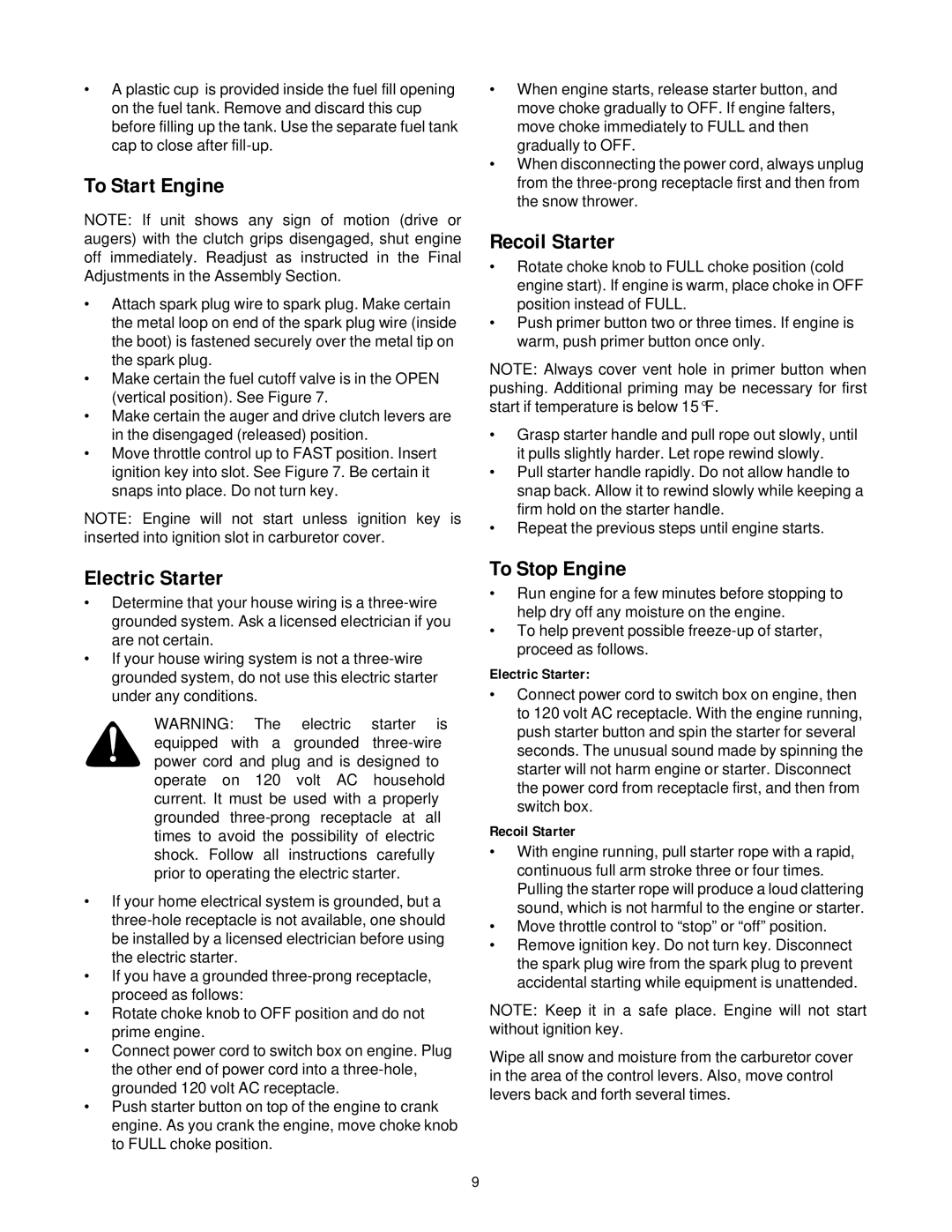 White Outdoor 750T manual To Start Engine, Electric Starter, Recoil Starter, To Stop Engine 