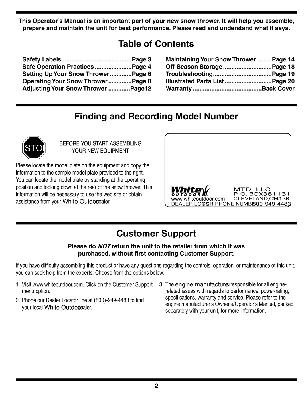 White Outdoor 769-01923A warranty Table of Contents, Finding and Recording Model Number, Customer Support 