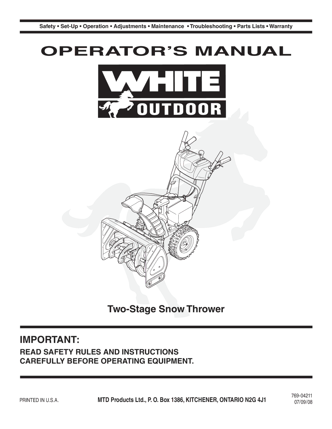 White Outdoor 769-04211 warranty Two-Stage Snow Thrower, 07/09/08 