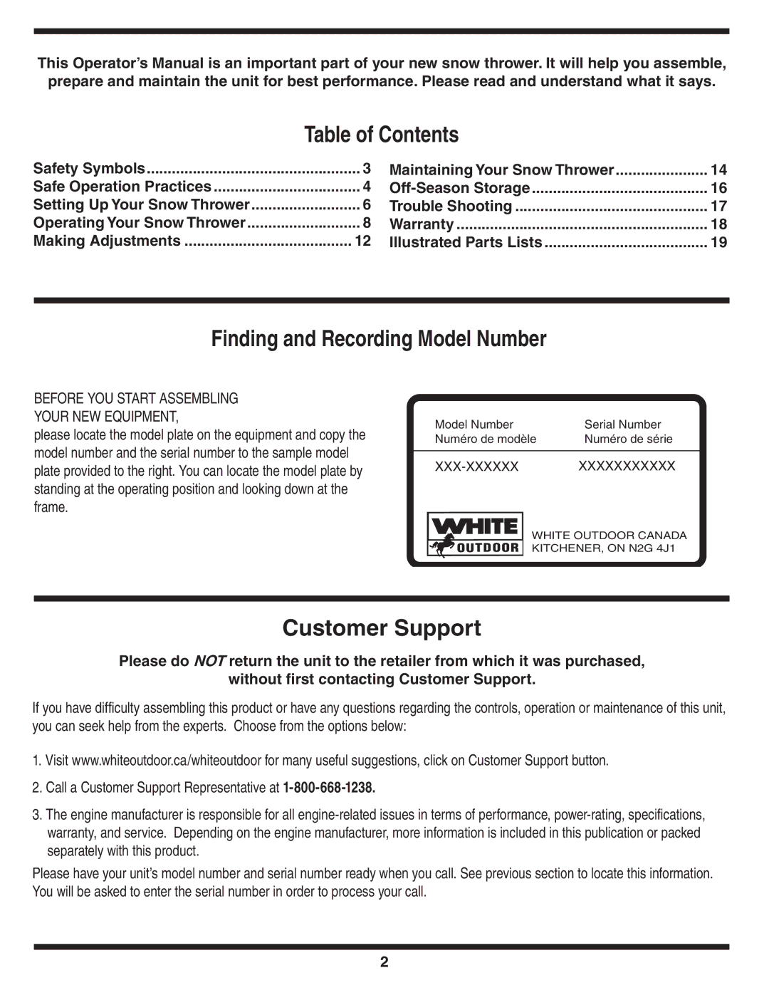 White Outdoor 769-04211 warranty Table of Contents, Finding and Recording Model Number, Customer Support 