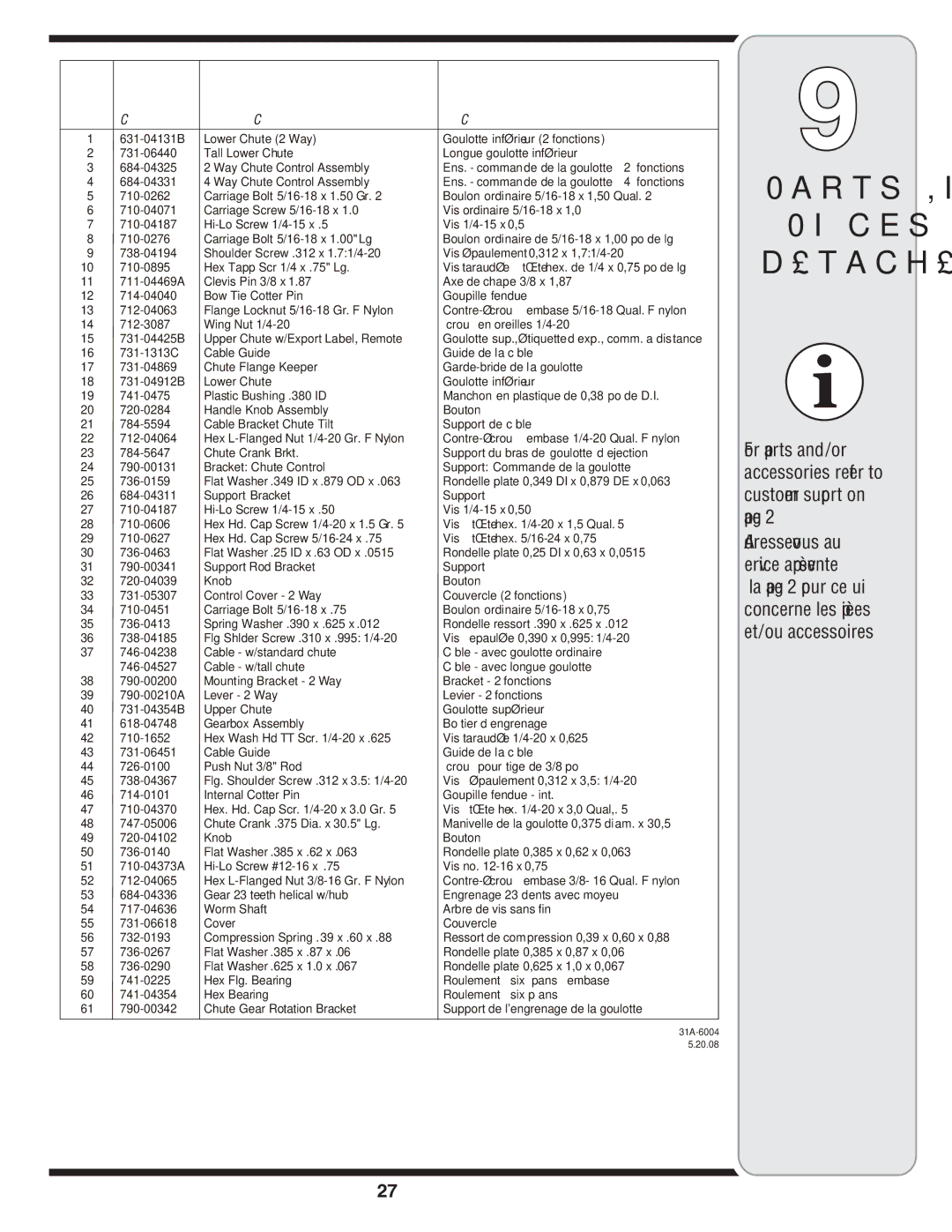 White Outdoor 769-04211 warranty Part RÉF Pièce Description 